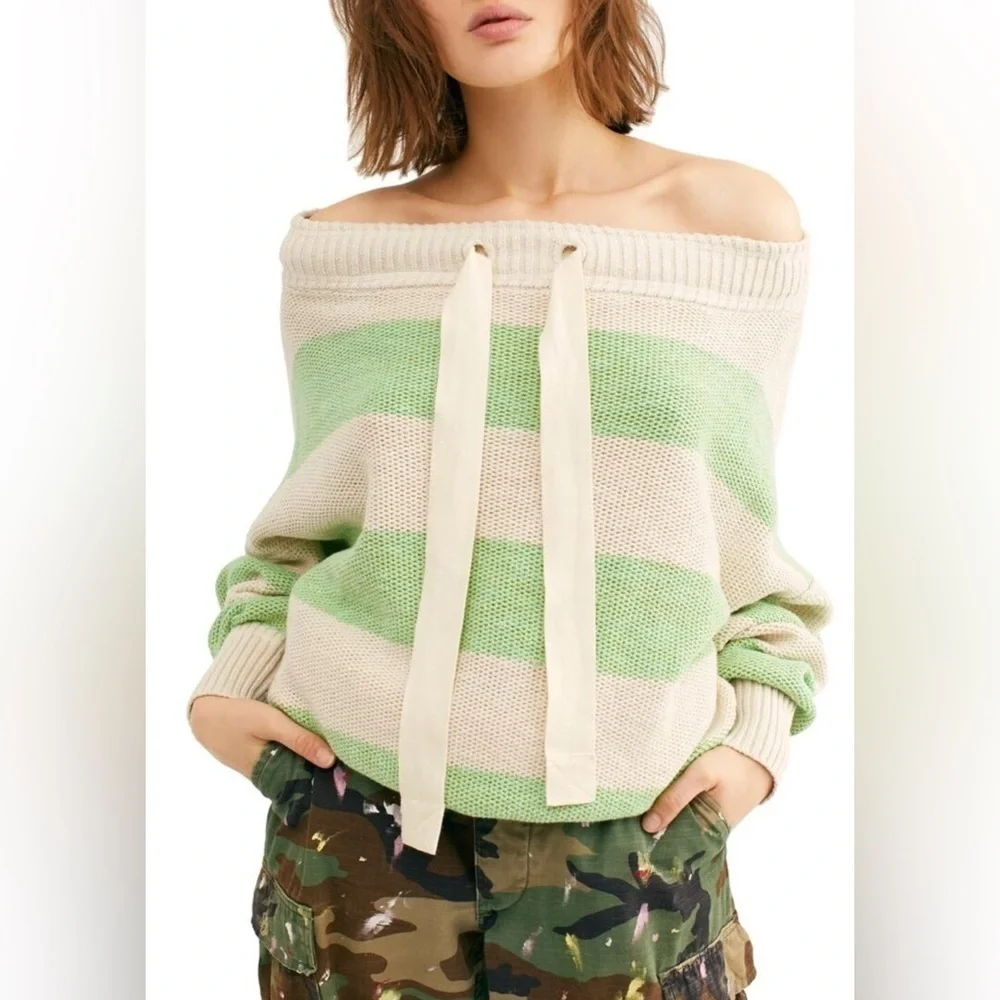 NWT Free People Cassidy Off Shoulder Sweater Striped Wild Green Combo XS